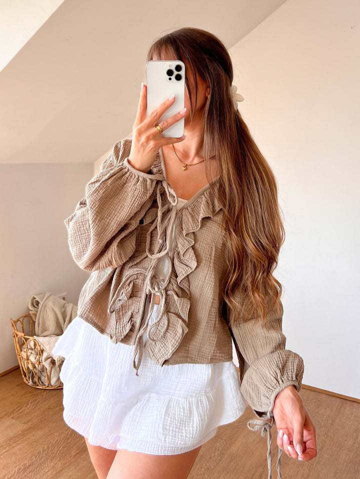 MUSSELIN CUTIE SCHLEIFEN BLUSE - schlamm