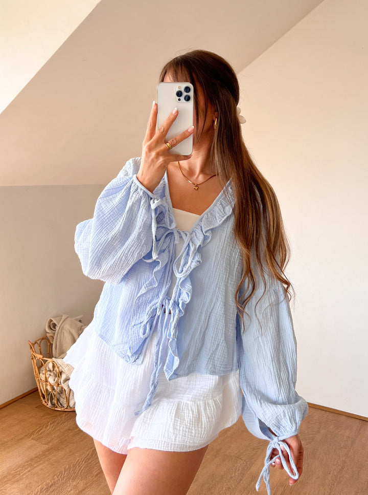 MUSSELIN CUTIE SCHLEIFEN BLUSE - hellblau