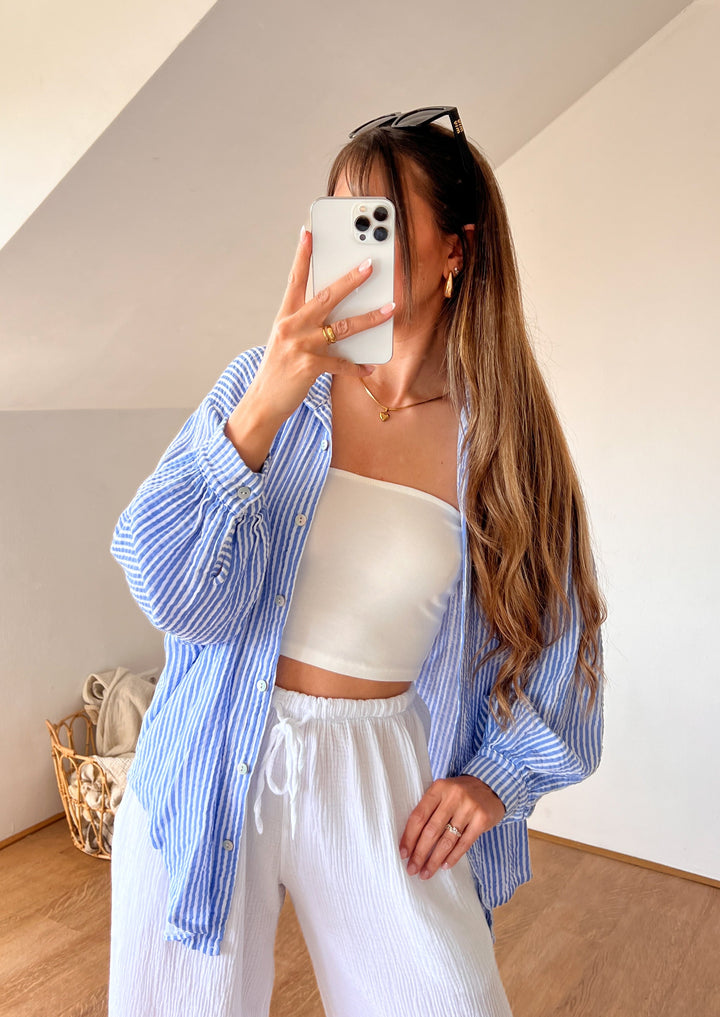 OVERSIZE STREIFEN MUSSELIN BLUSE - blau