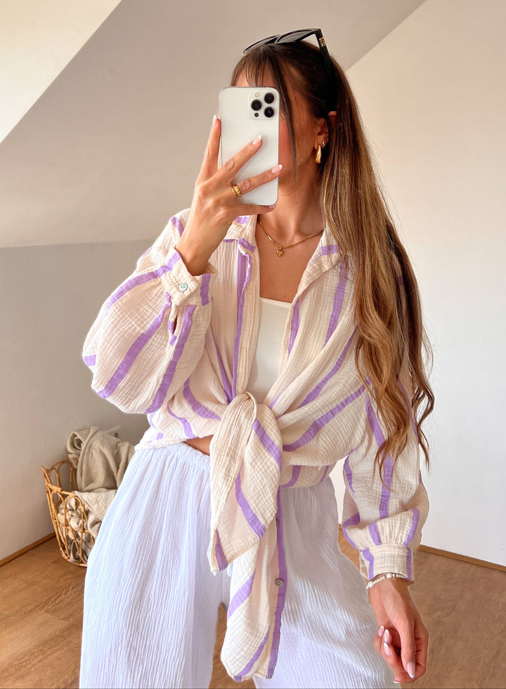 MUSSELIN STREIFEN BLUSE - flieder/beige
