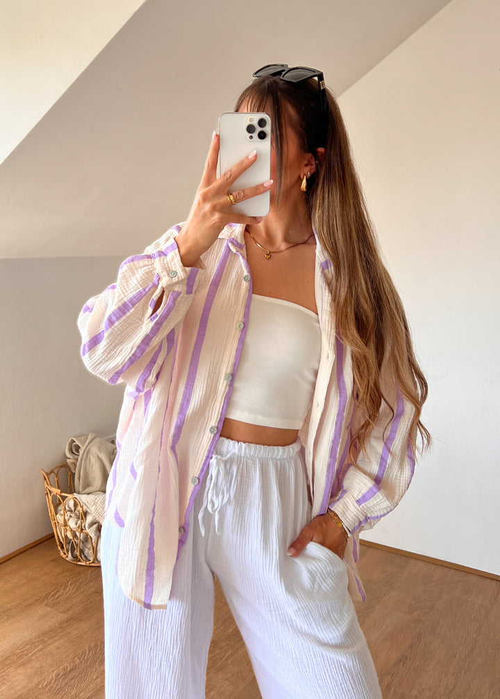 MUSSELIN STREIFEN BLUSE - flieder/beige