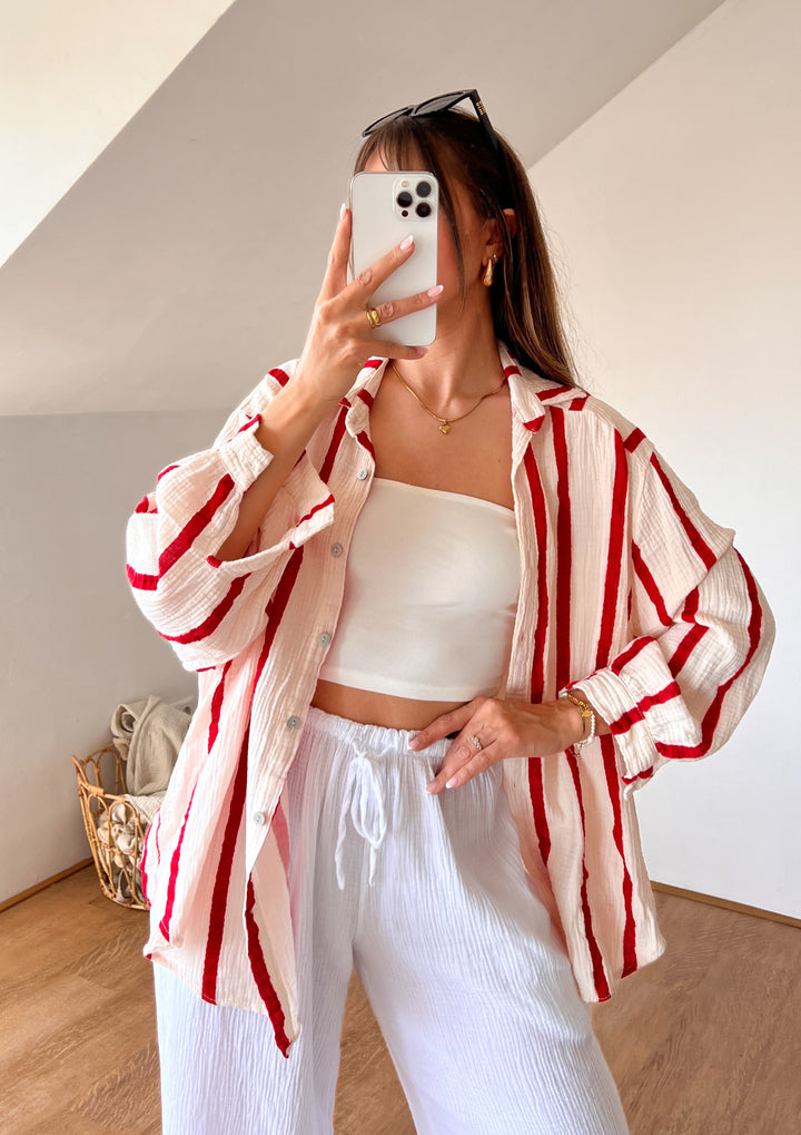 MUSSELIN STREIFEN BLUSE - rot/beige
