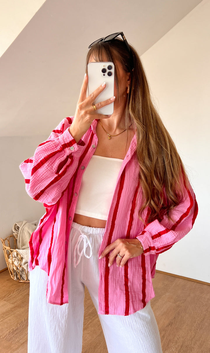 MUSSELIN STREIFEN BLUSE - pink/rot