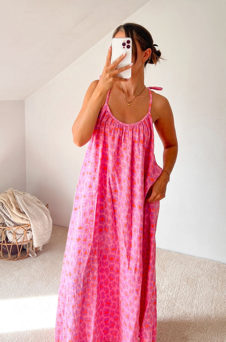 LANGES MUSSELIN LEO TRÄGER MAXIKLEID - flieder/rosa