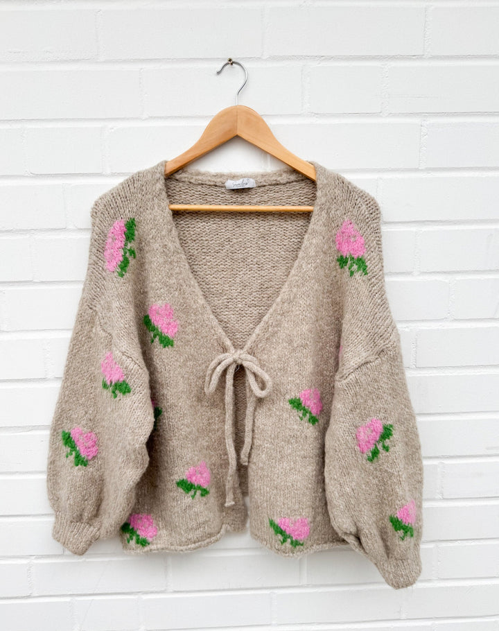 FLOWER SCHLEIFEN STRICKJACKE - taupe (M4)