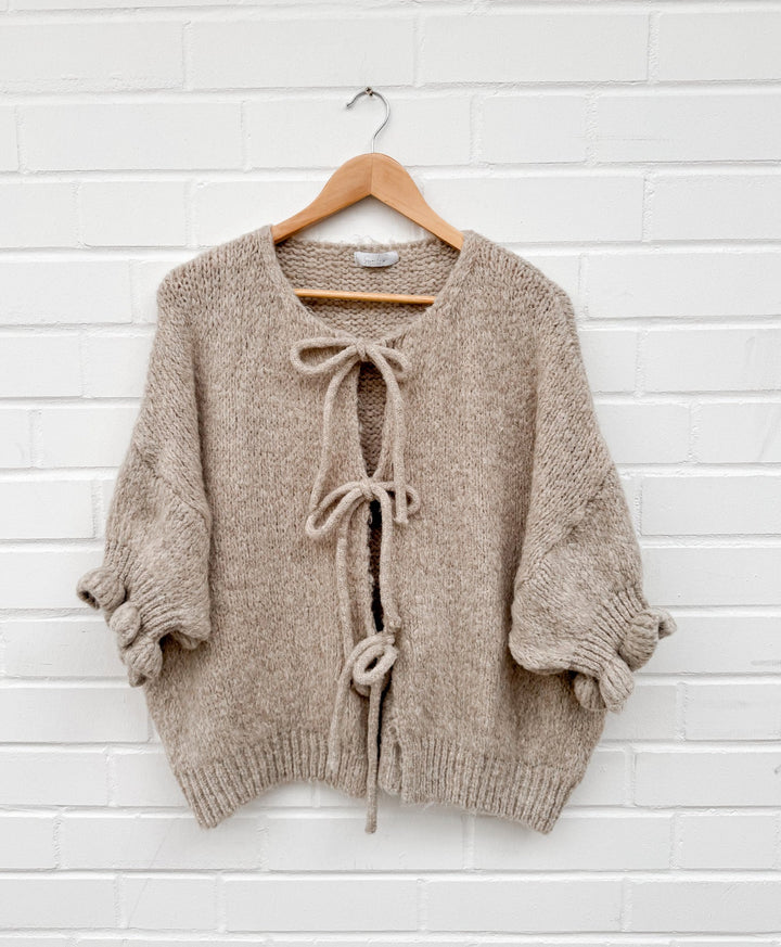 3/4 ARM SCHLEIFEN STRICKJACKE - taupe