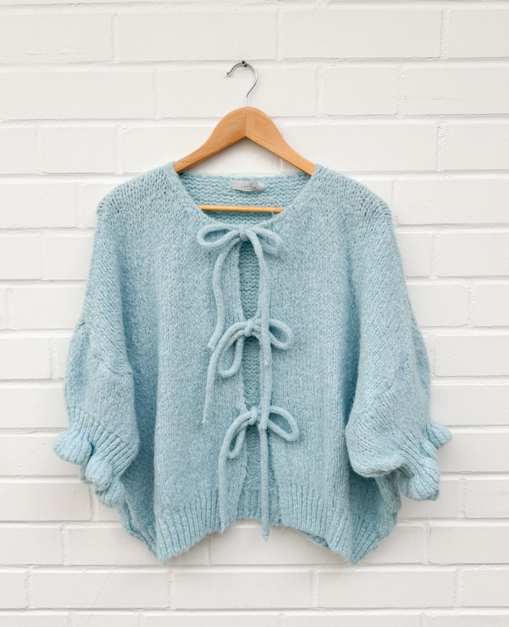 3/4 ARM SCHLEIFEN STRICKJACKE - hellblau