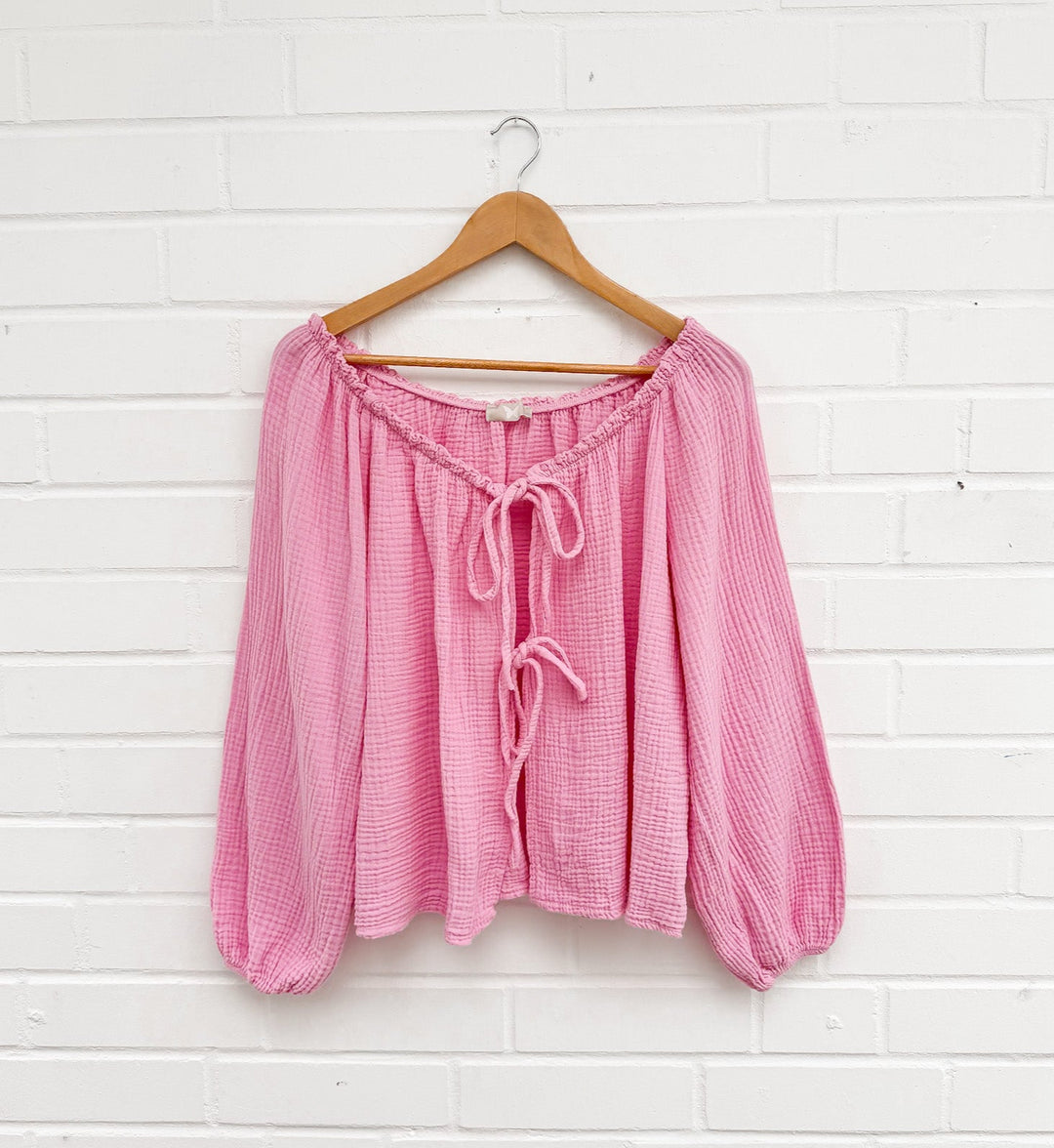 LANGARM SCHLEIFEN MUSSELIN BLUSE - rosa