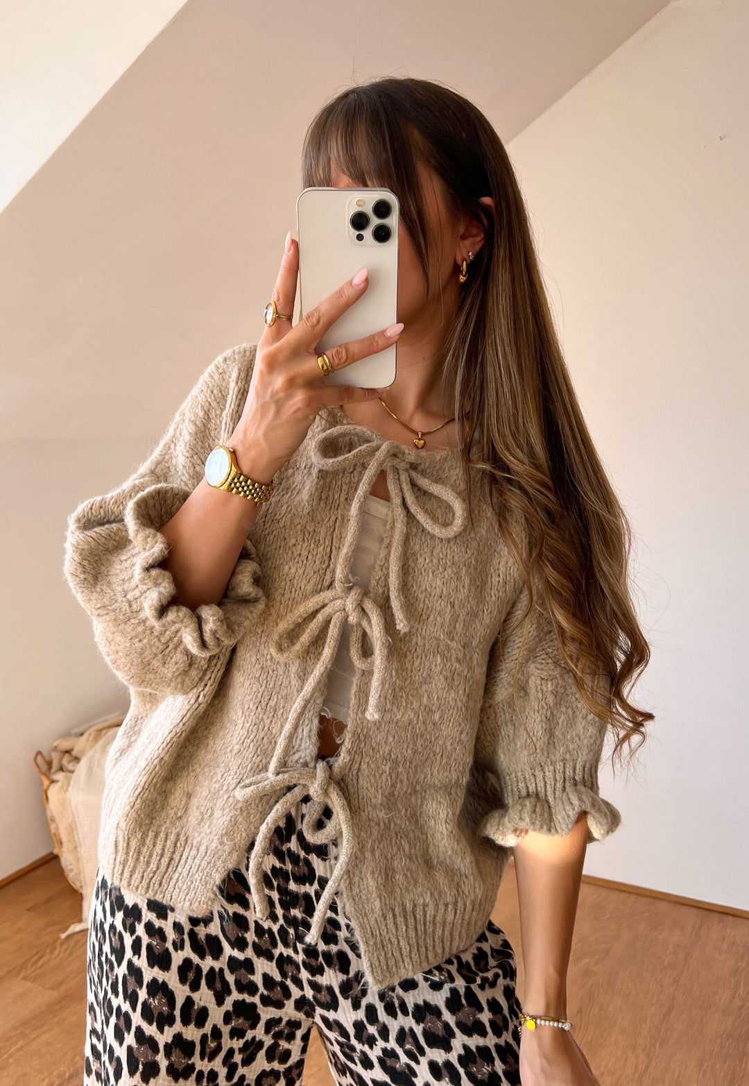 3/4 ARM SCHLEIFEN STRICKJACKE - taupe