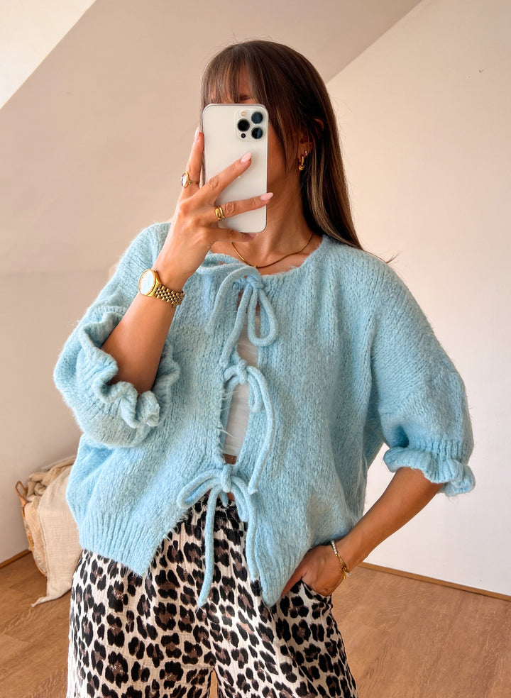 3/4 ARM SCHLEIFEN STRICKJACKE - hellblau