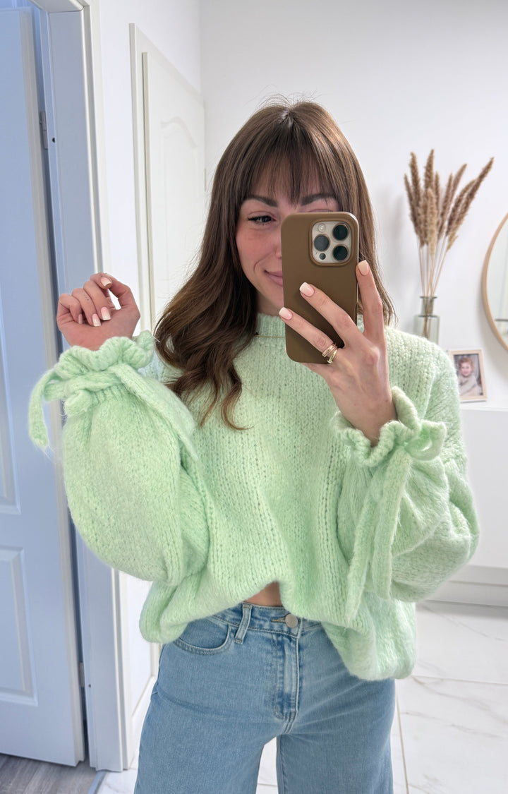 RÜSCHEN SCHLEIFEN STRICKPULLOVER - mint