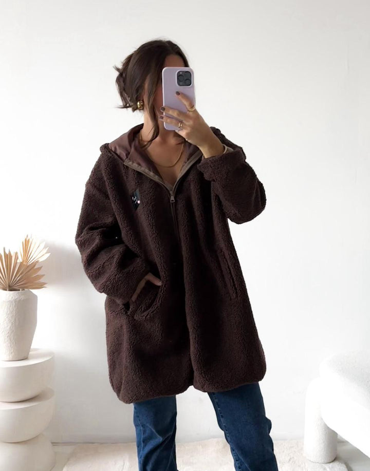 LÄSSIGE TEDDY JACKE mit Kapuze - braun