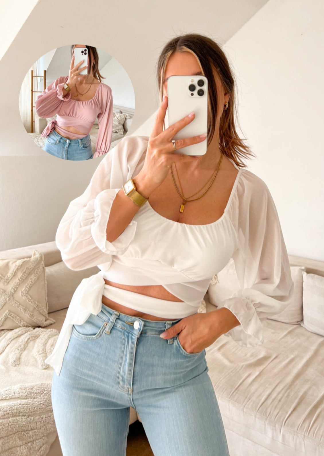 SCHLEIFEN CROP BLUSE- versch. Farben